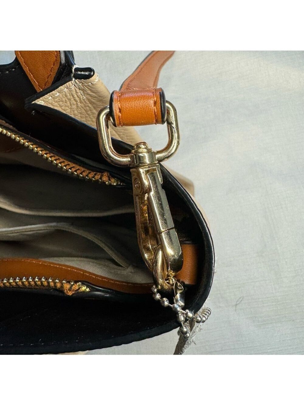 Danier Cream and Brown Crossbody Bag Top Handle and removable strap - Picture 8 of 12